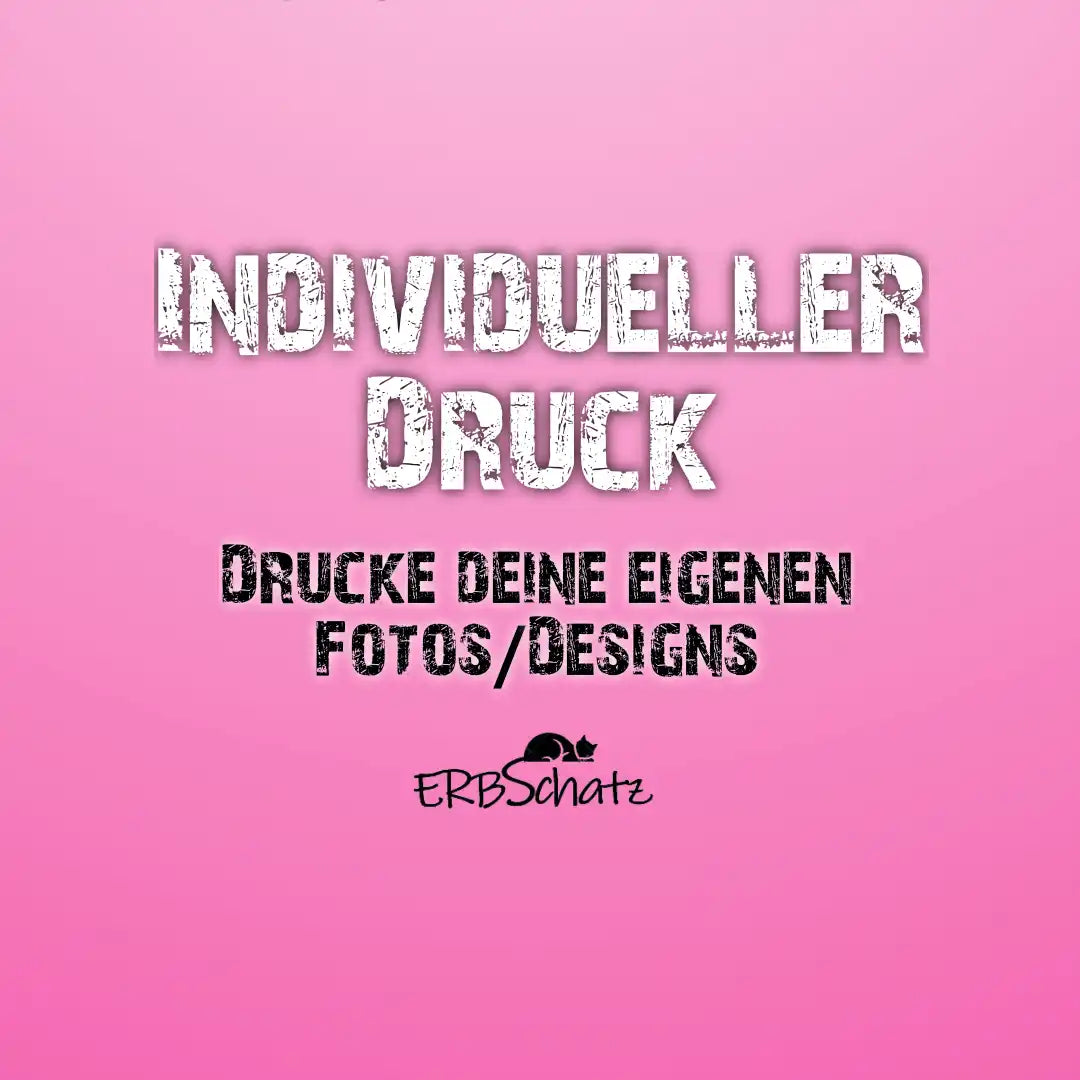 Deutscher Text in zerkratzter weißer und schwarzer Schrift mit der Aufschrift ’INDIVIDUELLER DRUCK’ und ’DRUCKE DEINE EIGENEN FOTOS/DESIGNS’.