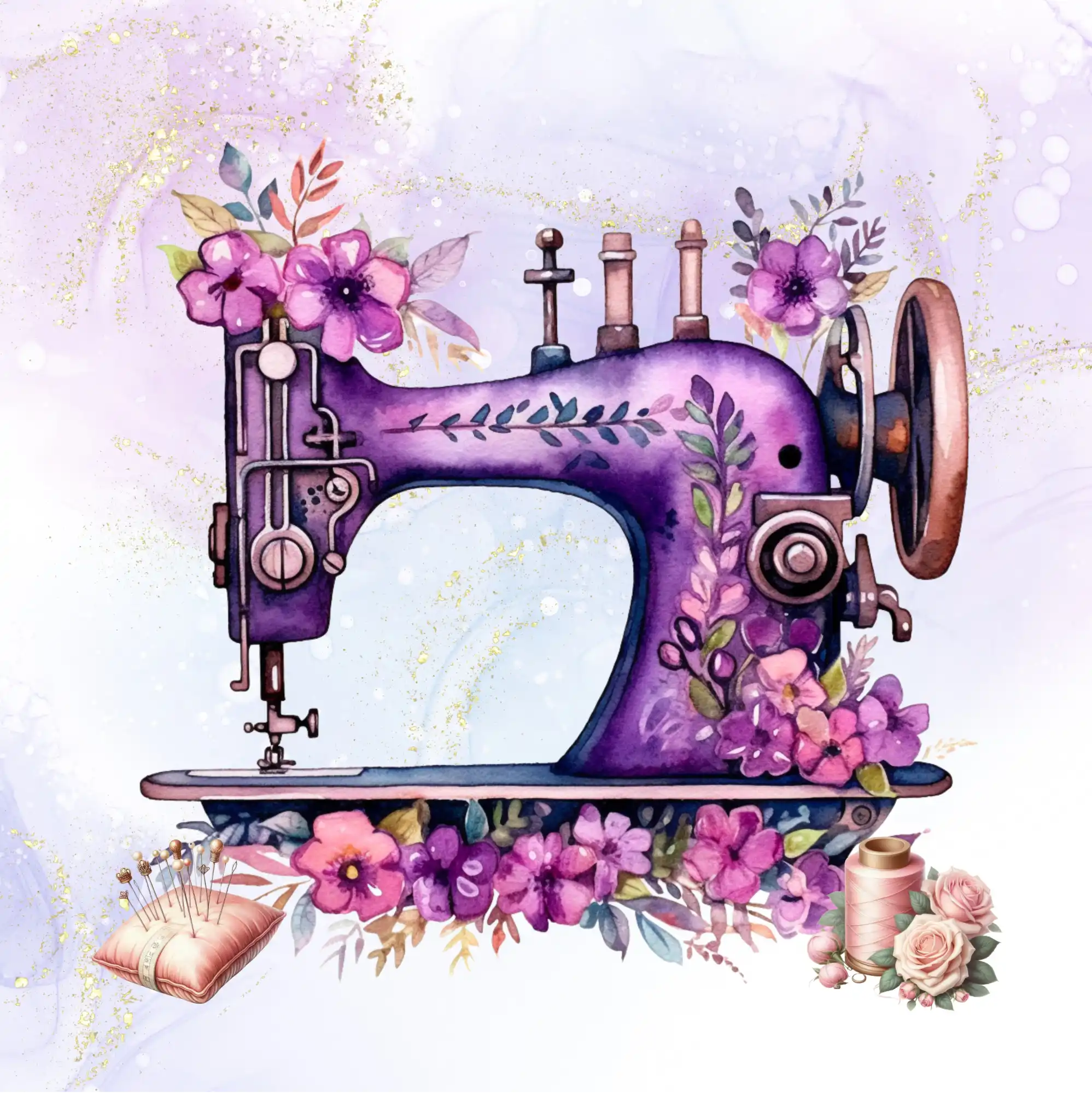 Vintage lila Nähmaschine dekoriert mit rosa und lila Blumen sowie floralen Akzenten.