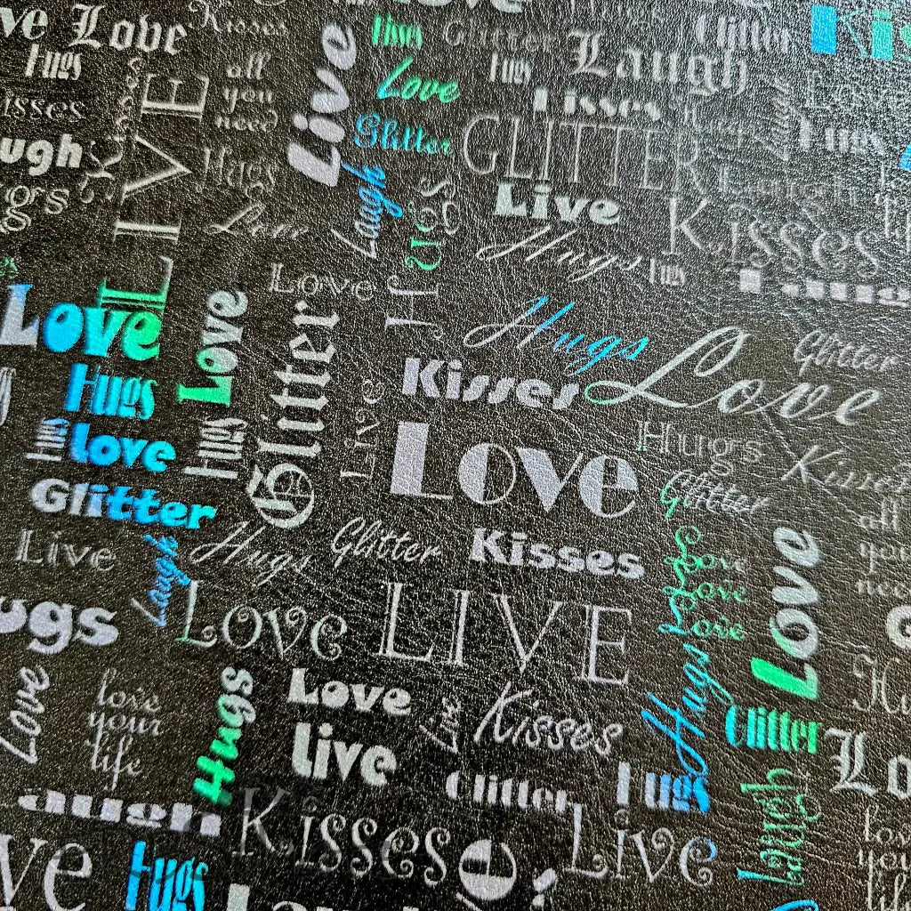 Kunstleder LoveKisses Wordcloud 30 x 140 cm - BlackTurquoise