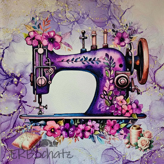 Kunstleder Panel Antique Sewingmachine Purple 25x 25cm - P25