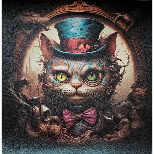 Kunstleder Panel Steampunk Cat 25x 25cm - Steampunk Cat 25