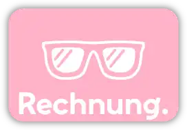 Weißes Sonnenbrillen-Icon mit dem Text ‚Rechnung‘ auf einem rosafarbenen Hintergrund.